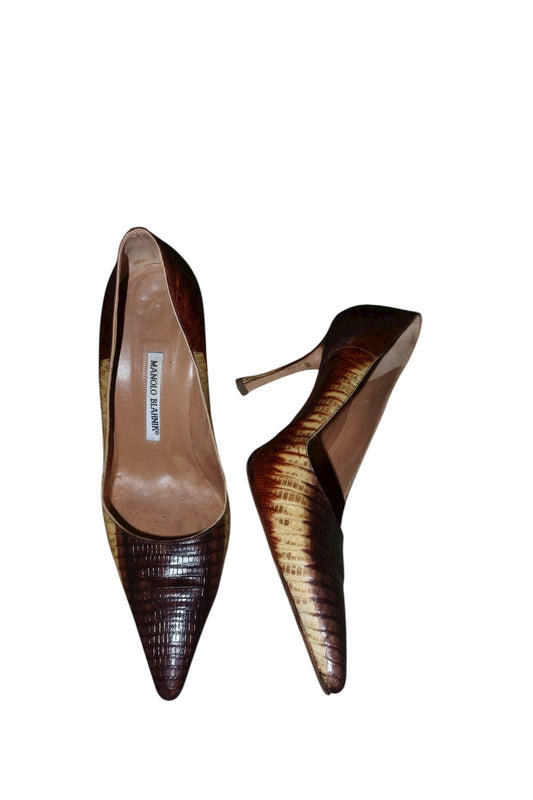Manolo Blahnik gradient beige/ brown lizard heels (40)
