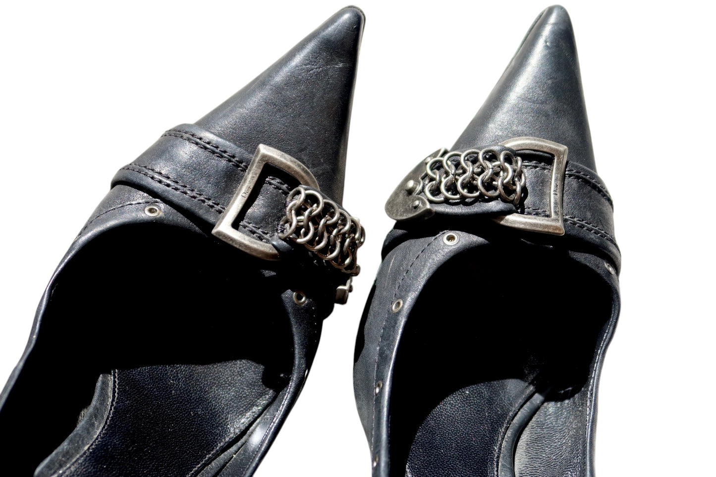 Dior black leather heels with iconic D buckle chain embellishment (36.5)