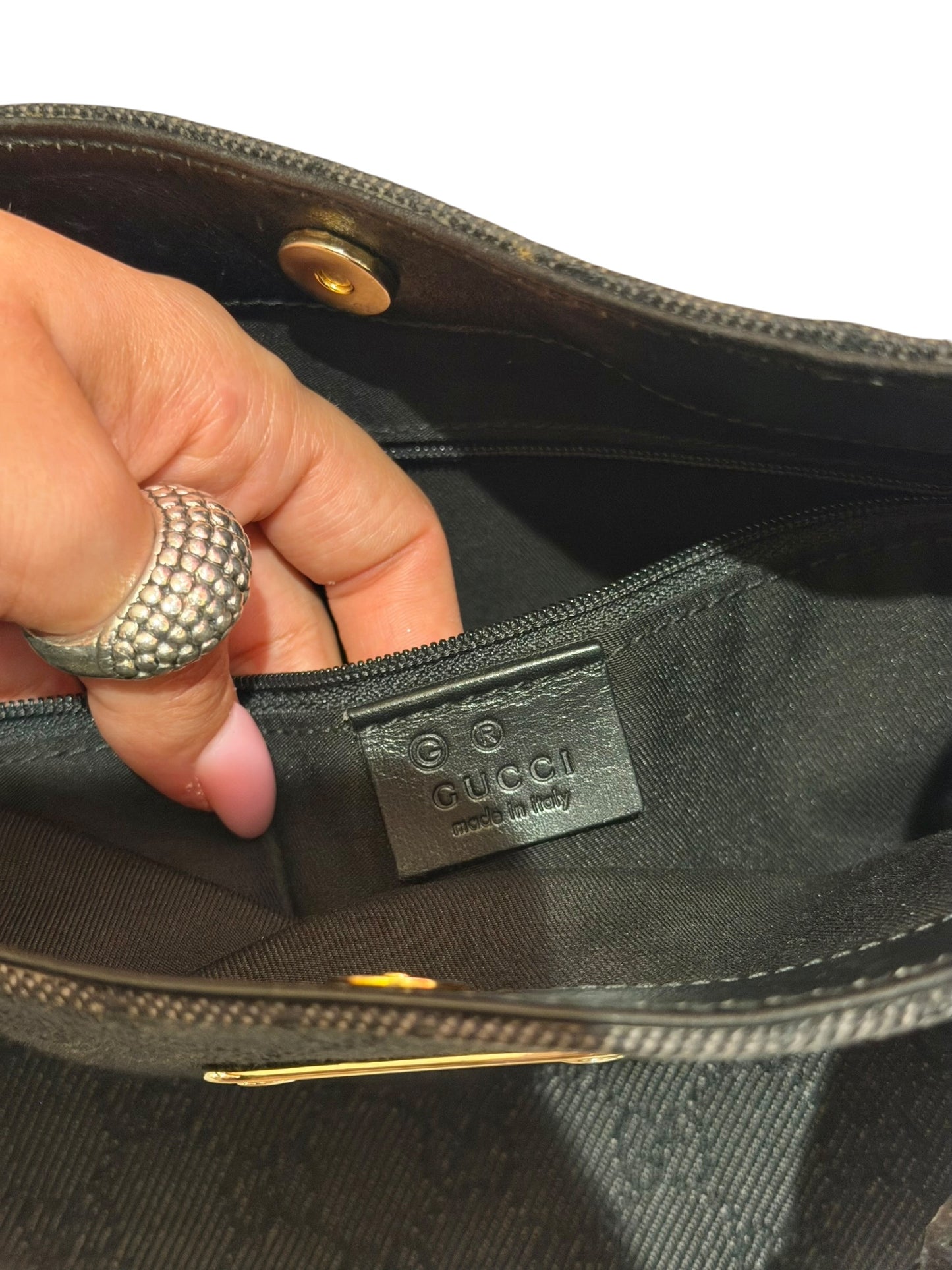 Gucci black gg canvas and leather bag with gold chains