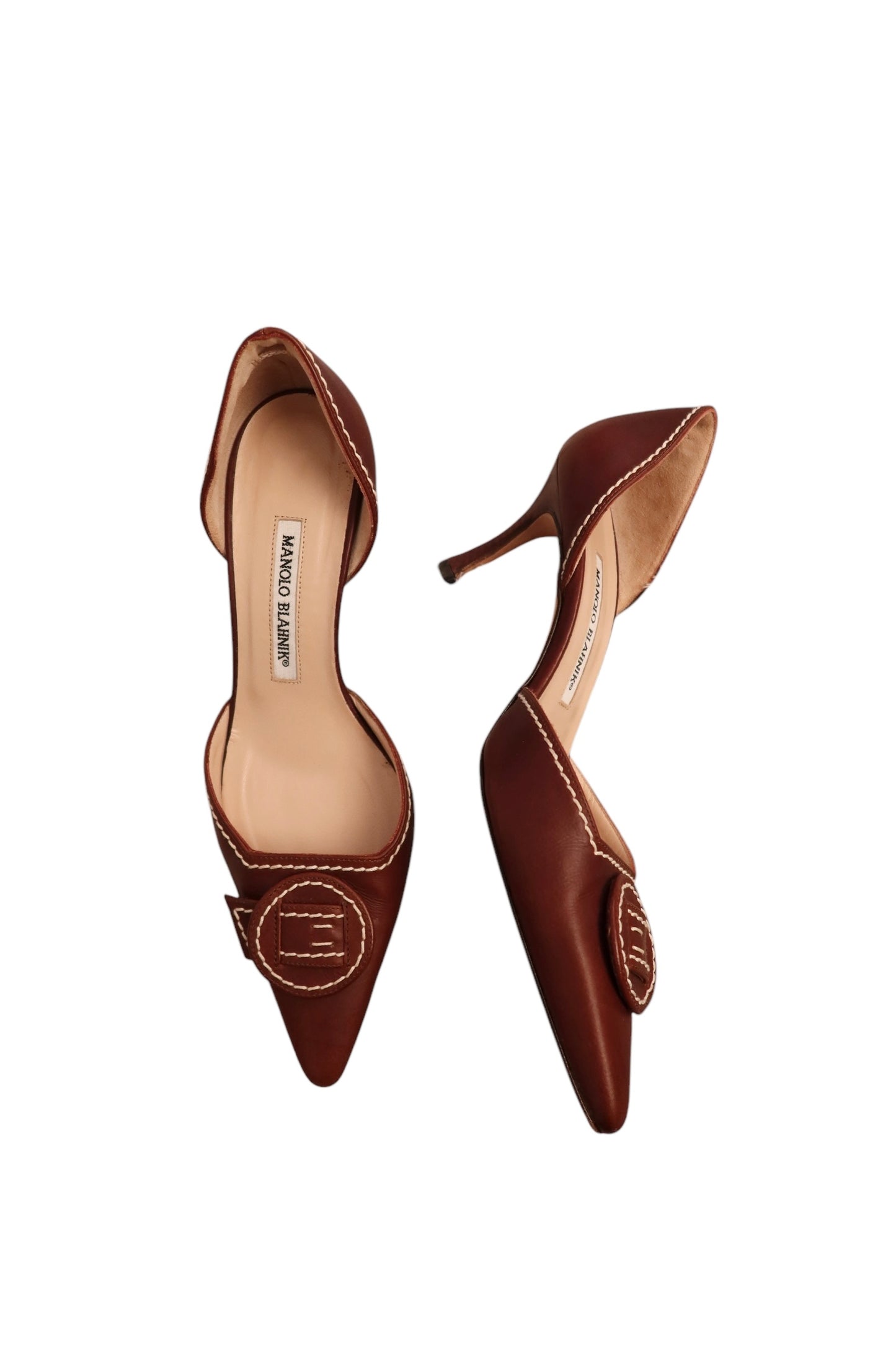 Manolo Blahnik brown heels with white stitching detail (37.5)