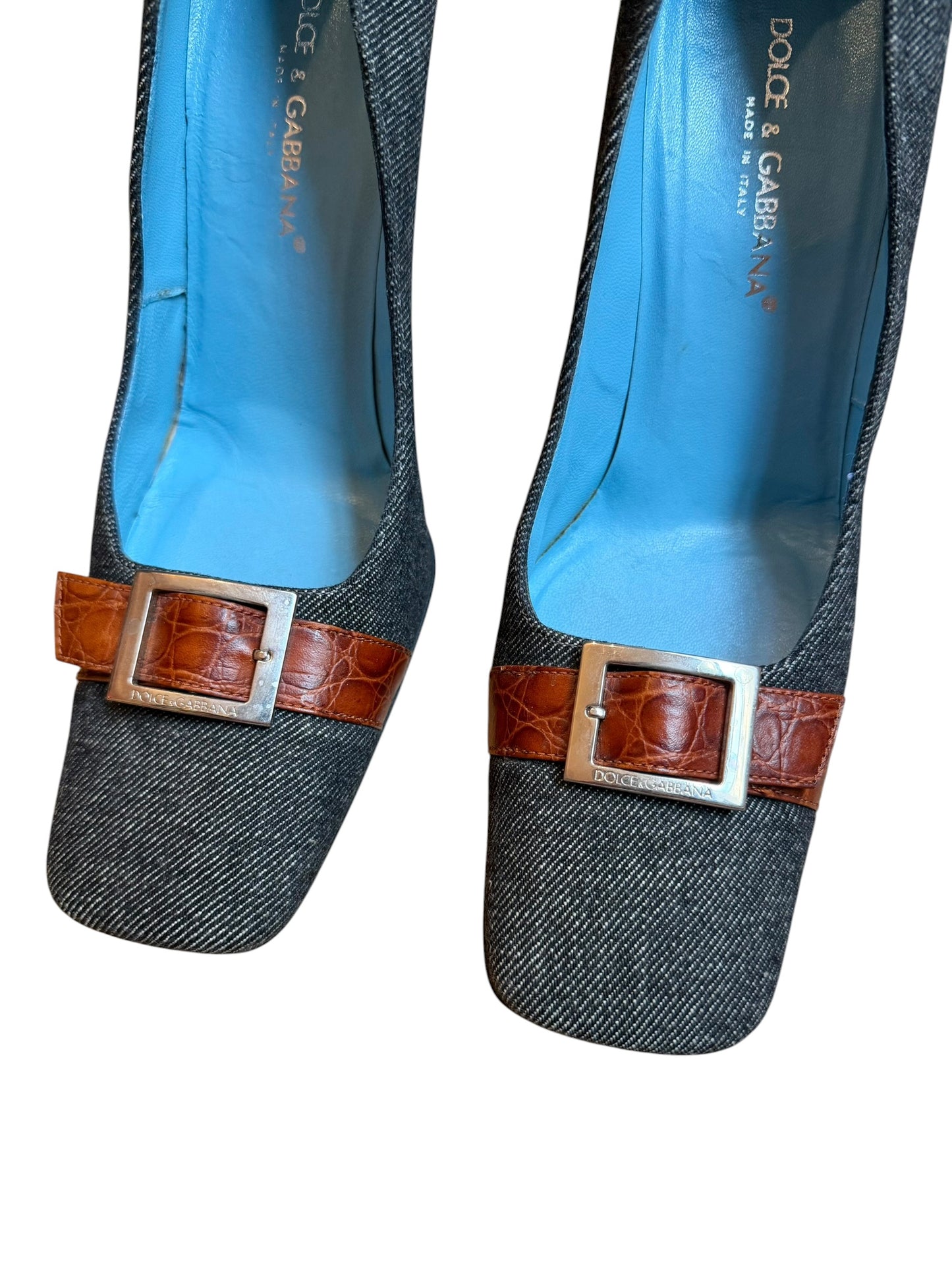 Dolce & Gabbana denim square toe heels with front leather strap (38)