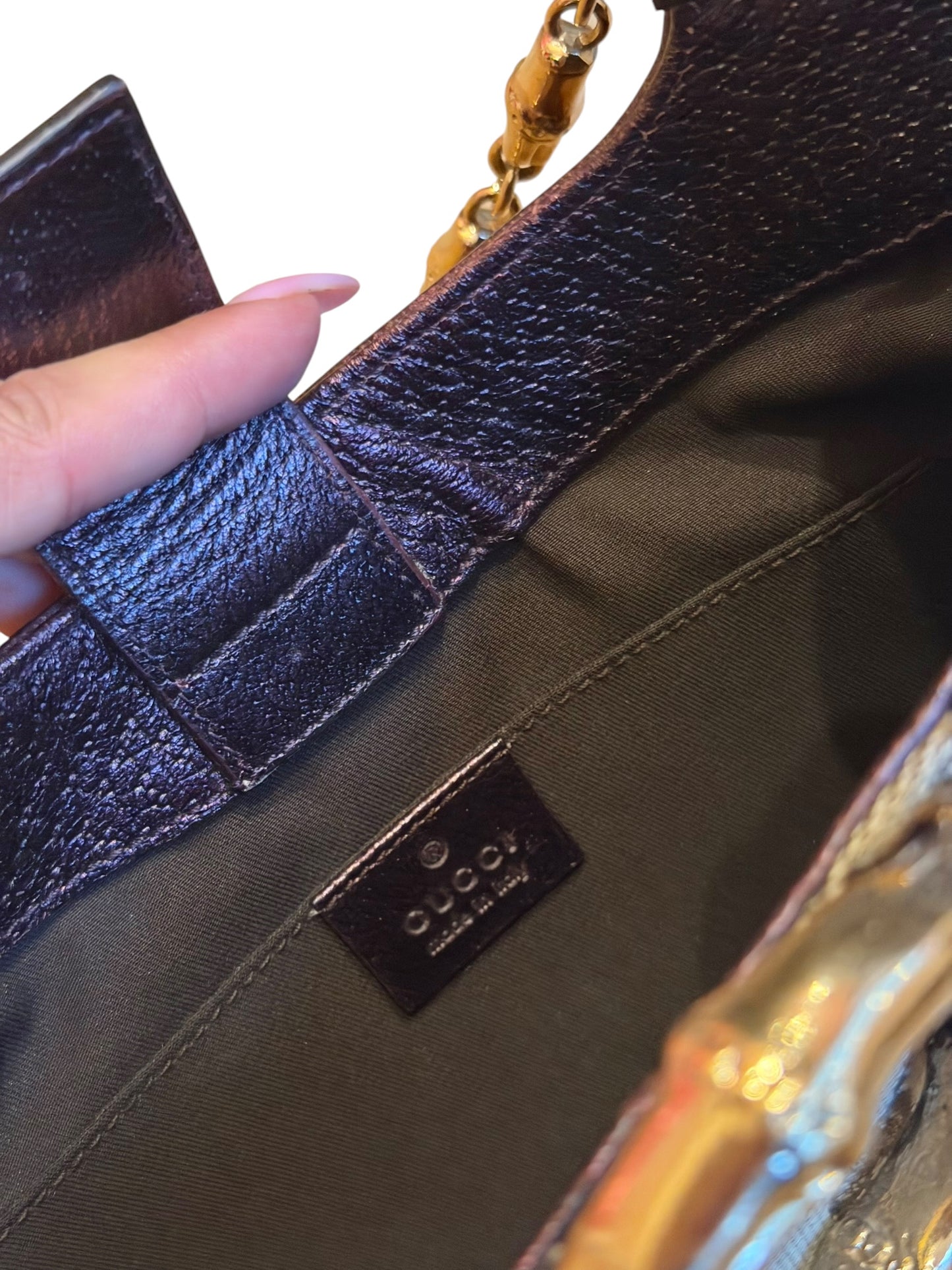 Gucci GG canvas burgundy leather trim bag with bamboo ring detail