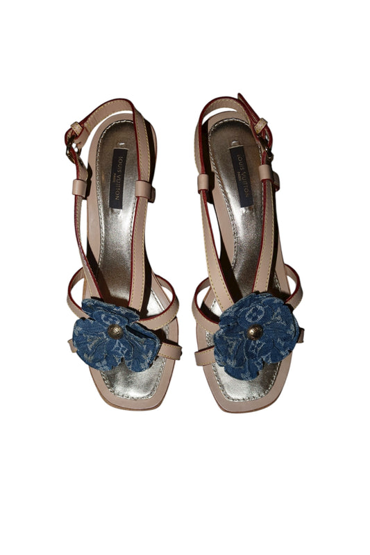 Louis Vuitton beige and blue denim flower logo heels (35)