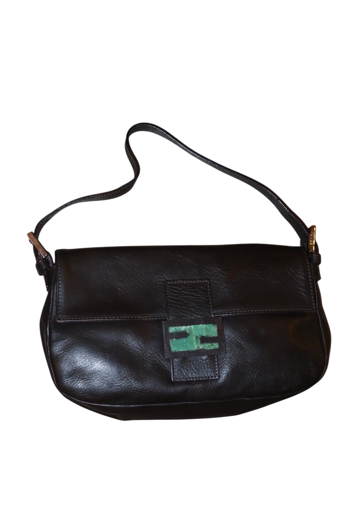 Fendi dark brown baguette bag with green stone logo