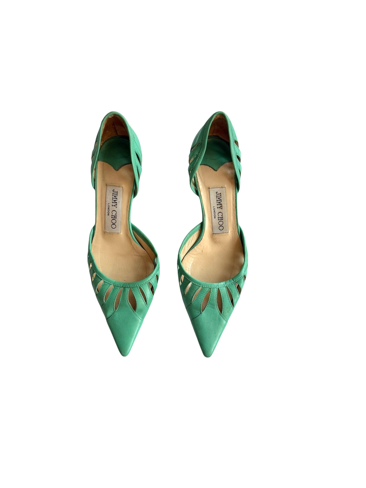 Jimmy Choo teal leather cutout kitten heels (35.5)