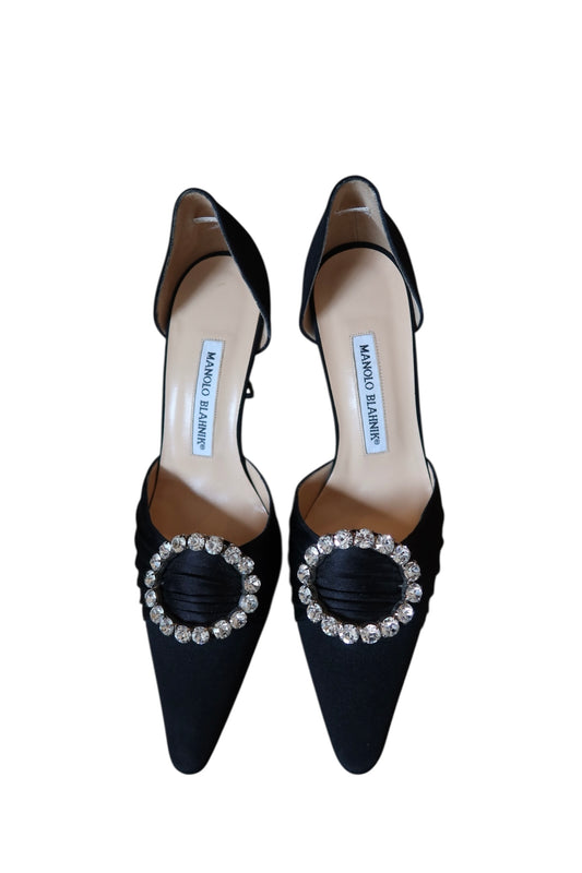 Manolo Blahnik black satin heels with crystal circle buckle (37)