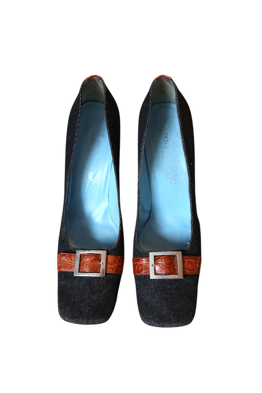 Dolce & Gabbana dark denim square toe heels with leather strap and silver buckle (39)