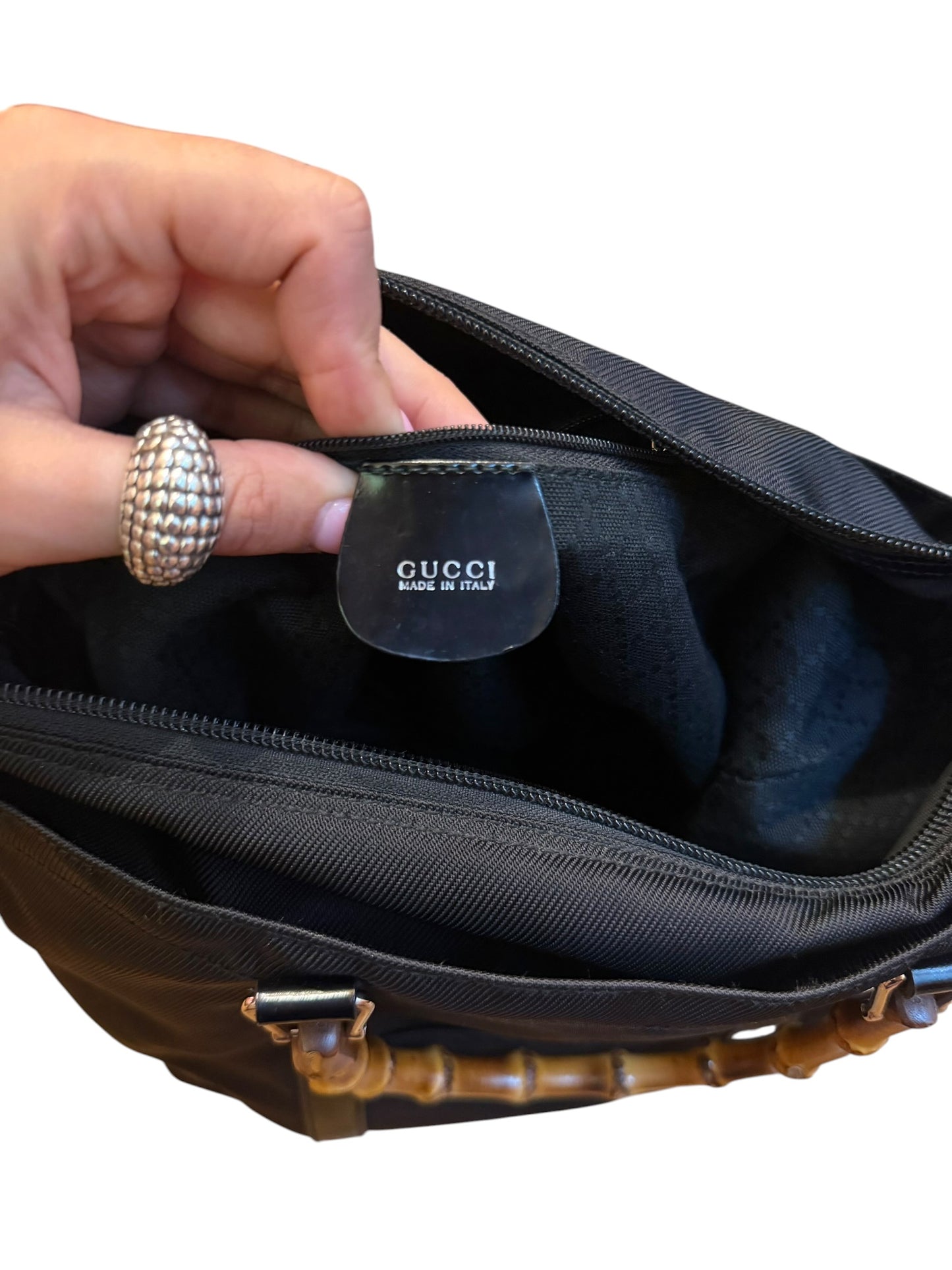 Gucci black nylon tote bag with bamboo handles
