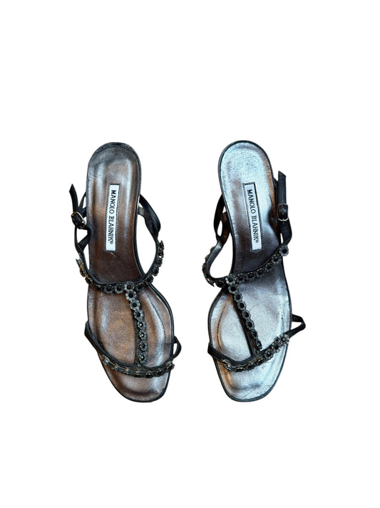 Manolo Blahnik metallic grey and black heels with floral details (39.5)
