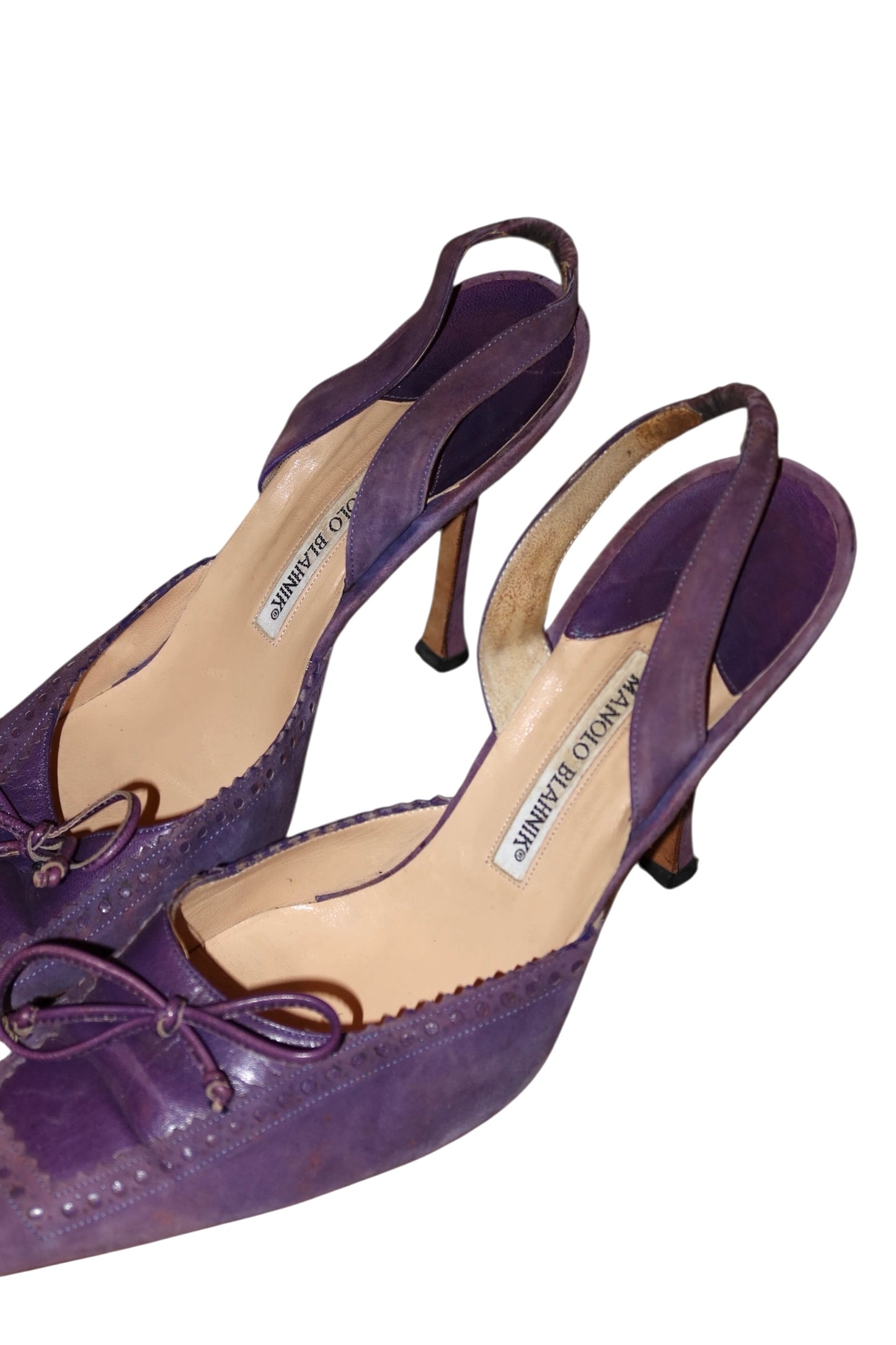 Manolo Blahnik purple suede and leather bow slingback heels (40)