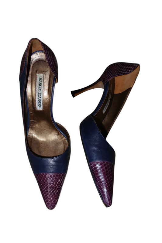 Manolo Blahnik blue leather and purple snakeskin toe heels (39.5)