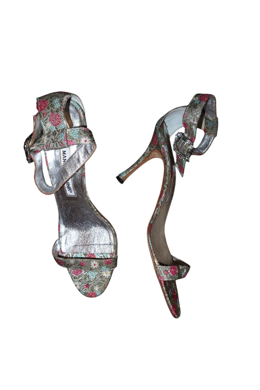Manolo Blahnik floral print heels with crystal embellished buckle (39)