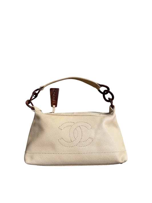 Chanel beige caviar leather bag with wood details