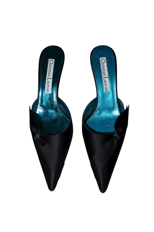 Christian Lacroix black satin heels with bow and blue rhinestone (37)