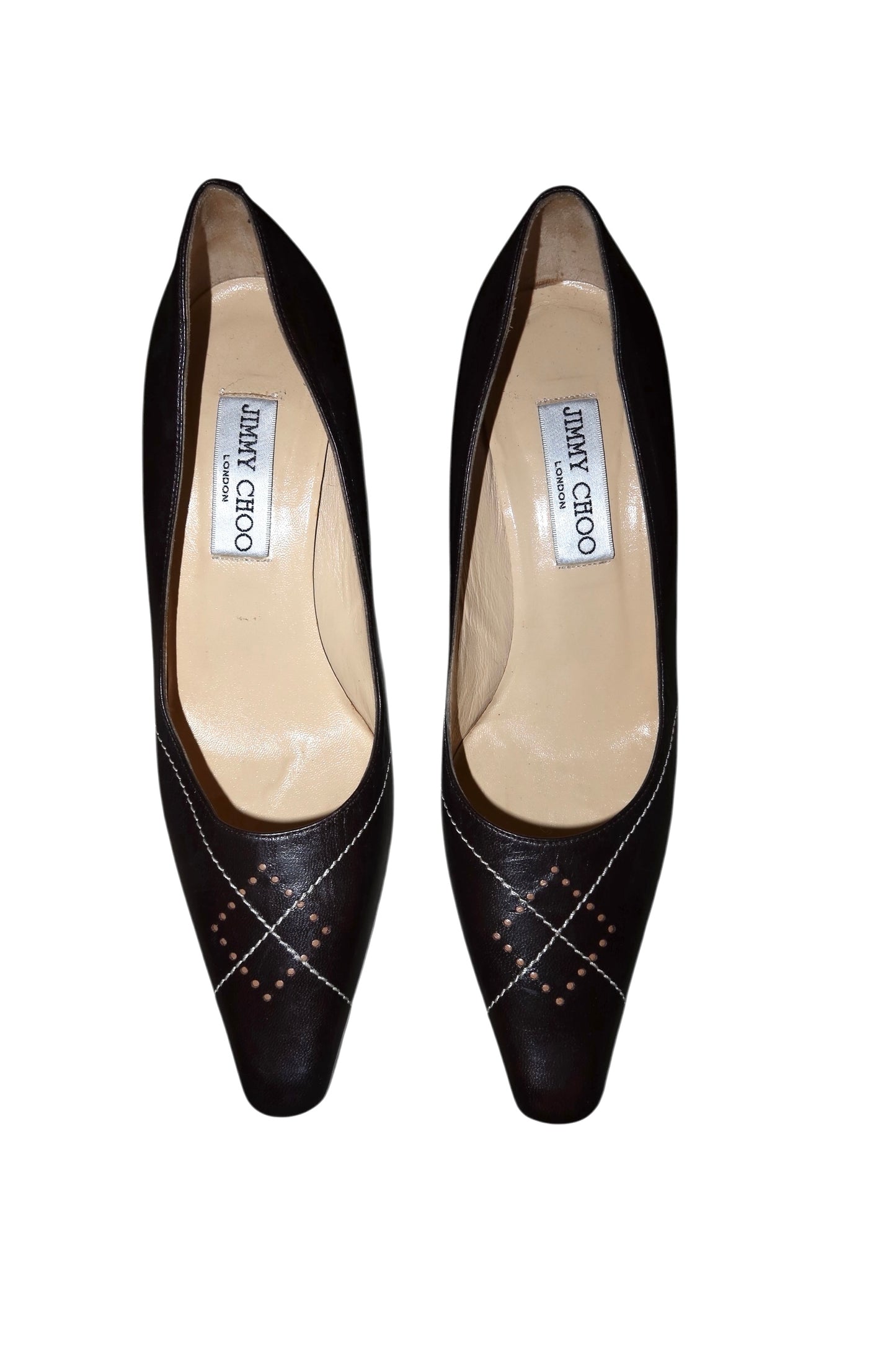 Jimmy Choo dark brown chocolate heels with white and tan details (37)