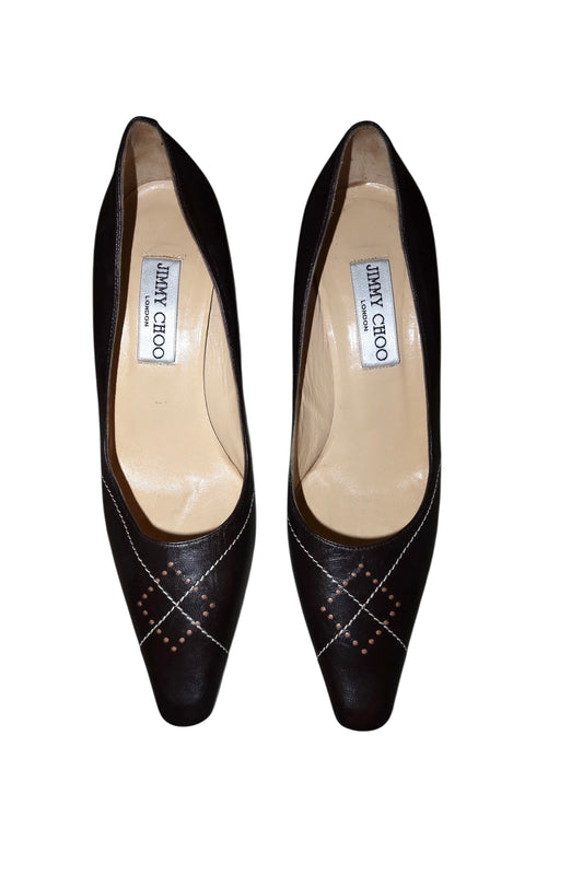 Jimmy Choo dark brown chocolate heels with white and tan details (37)