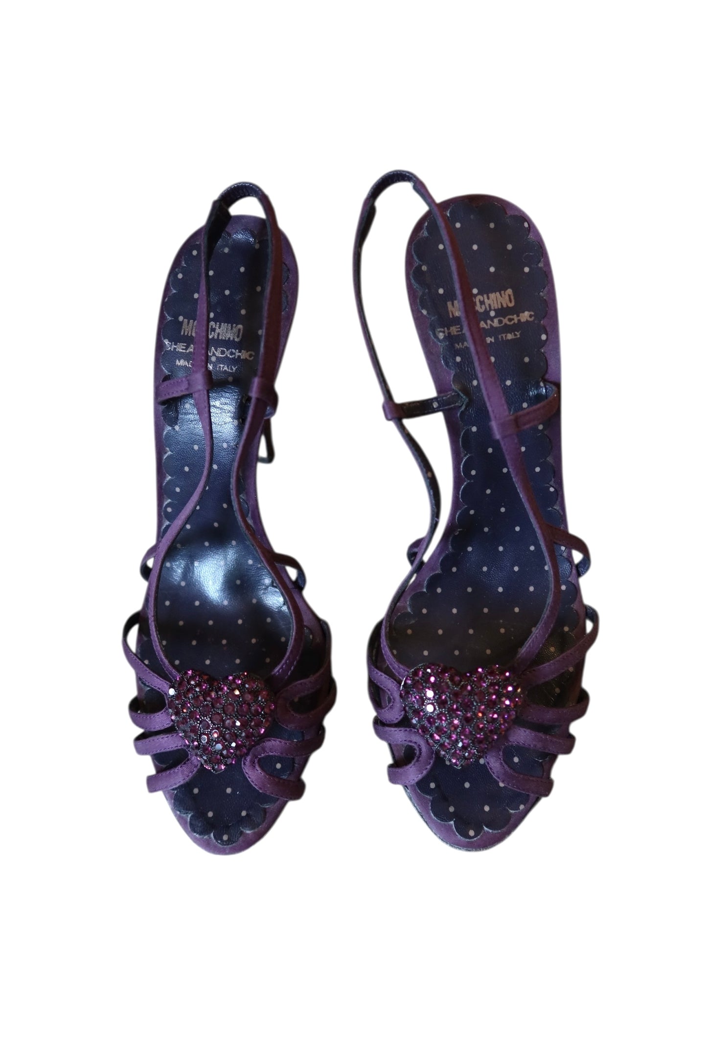 Moschino purple heels with rhinestone heart