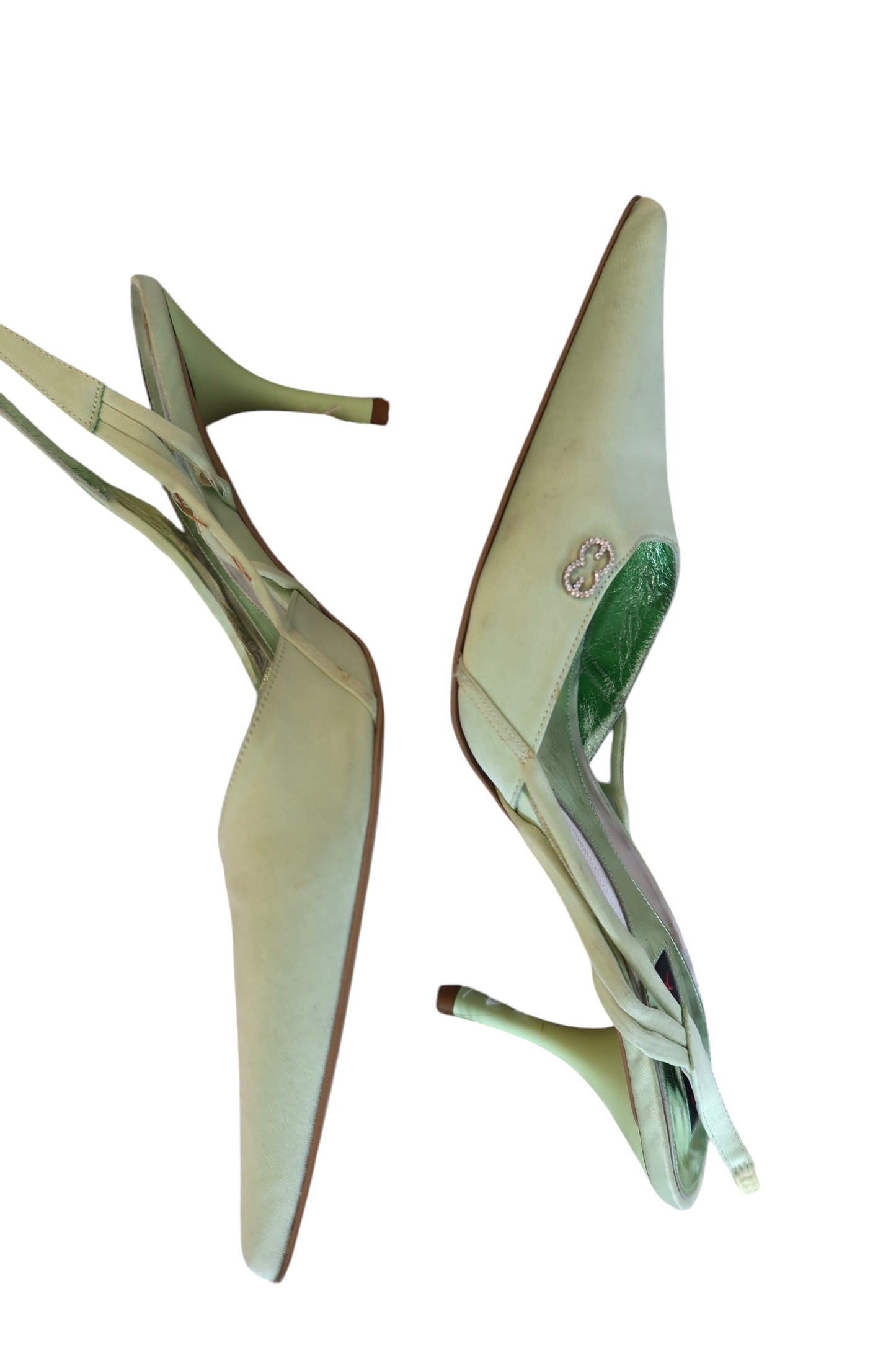 Escada mint green satin slingback heels with crystal logo (38)