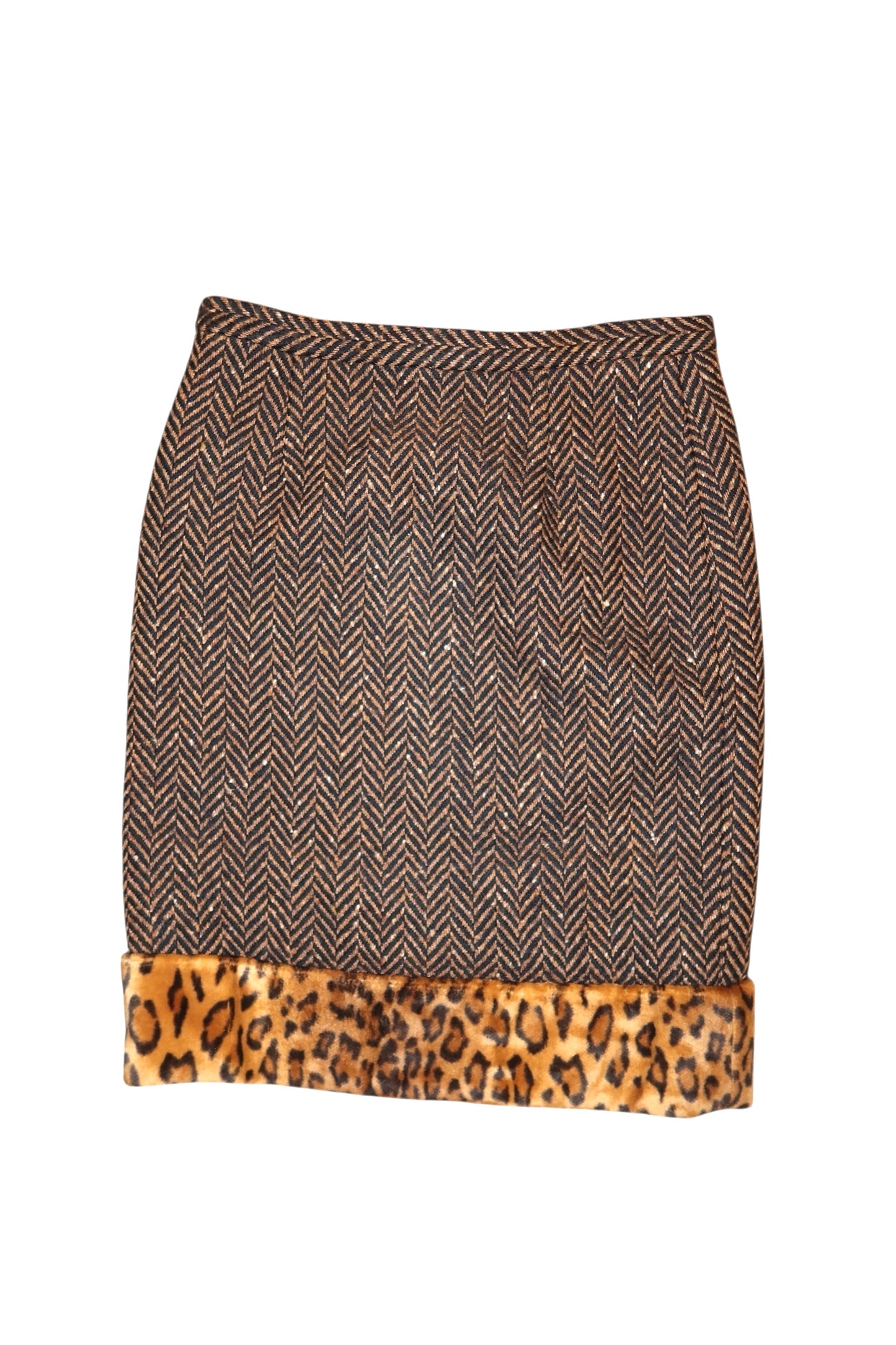 Moschino herringbone and leopard fur trim skirt (42)