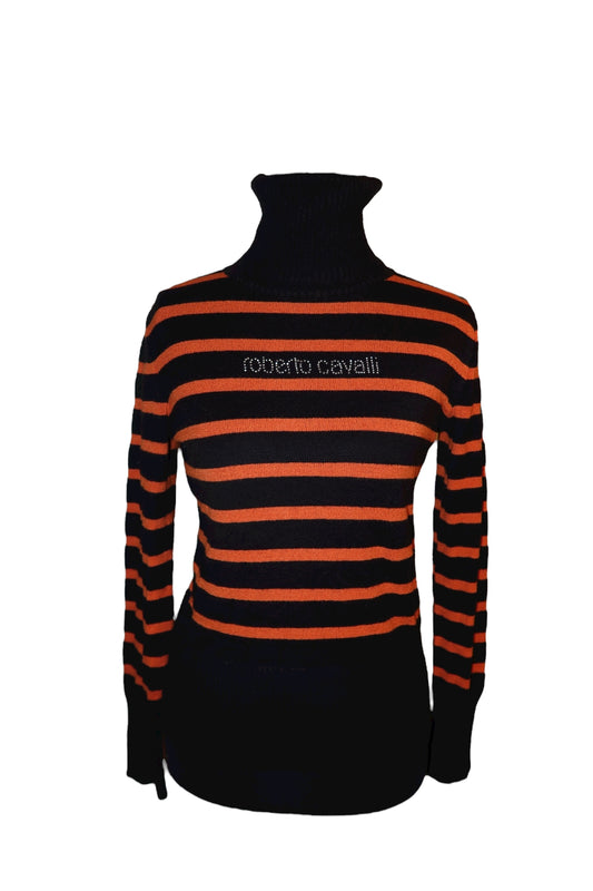 Just Cavalli black/orange striped turtleneck sweater with rhinestone logo (S)