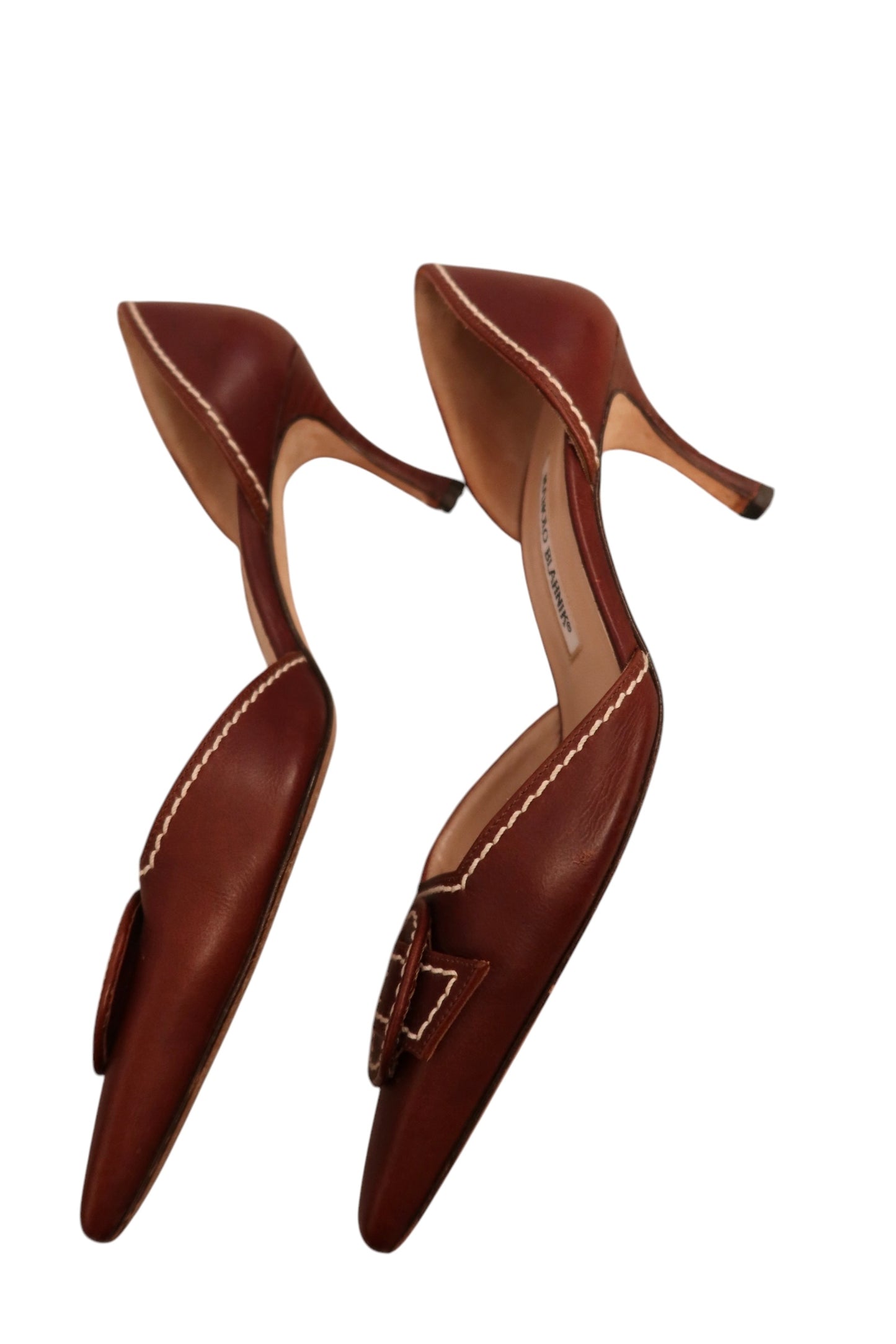 Manolo Blahnik brown heels with white stitching detail (37.5)