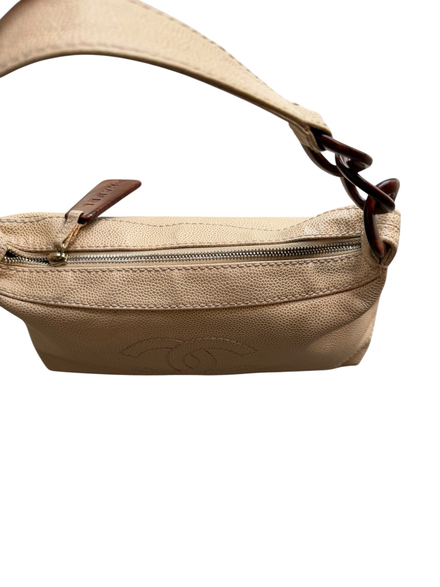 Chanel beige caviar leather bag with wood details