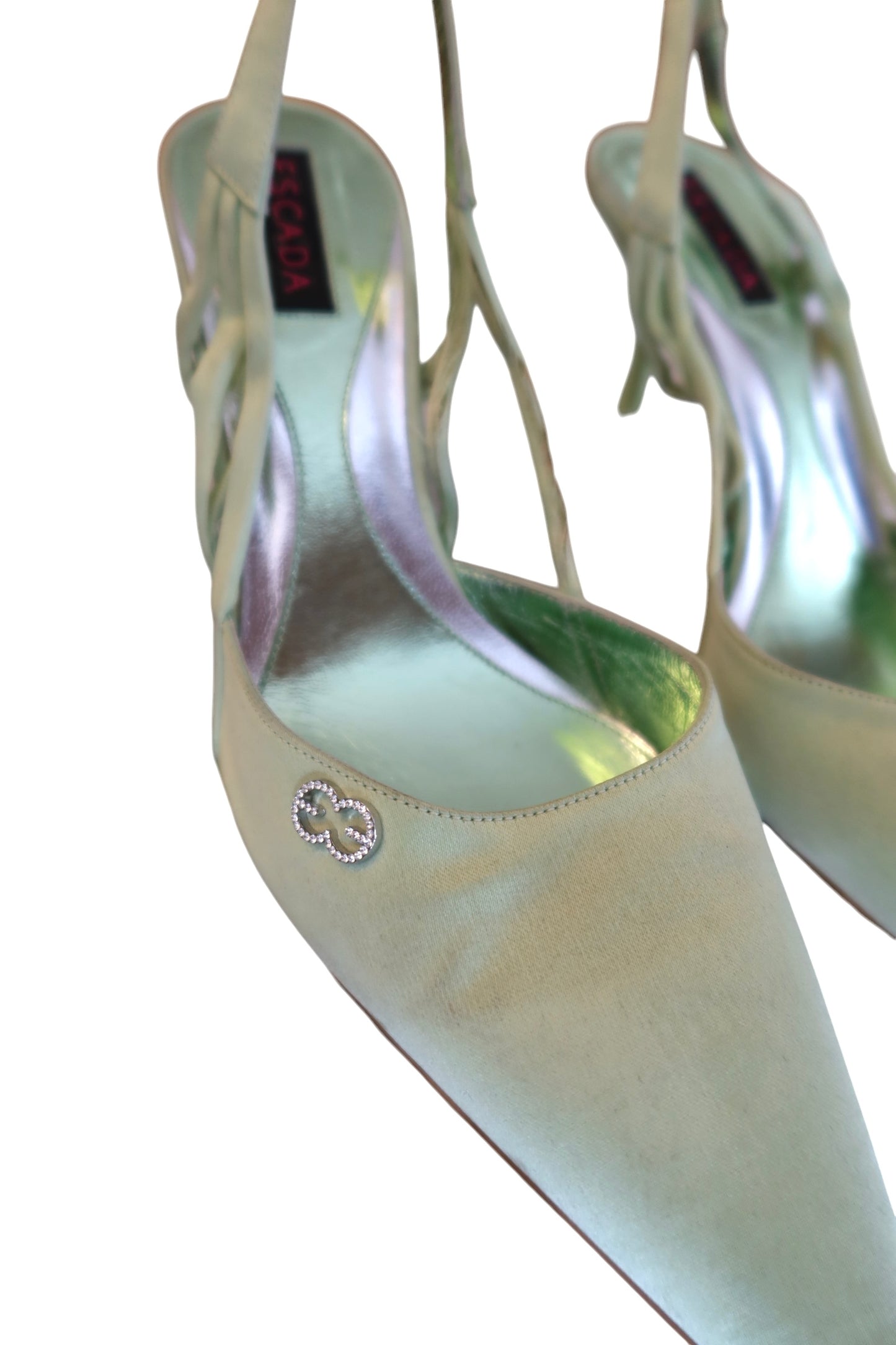 Escada mint green satin slingback heels with crystal logo (38)