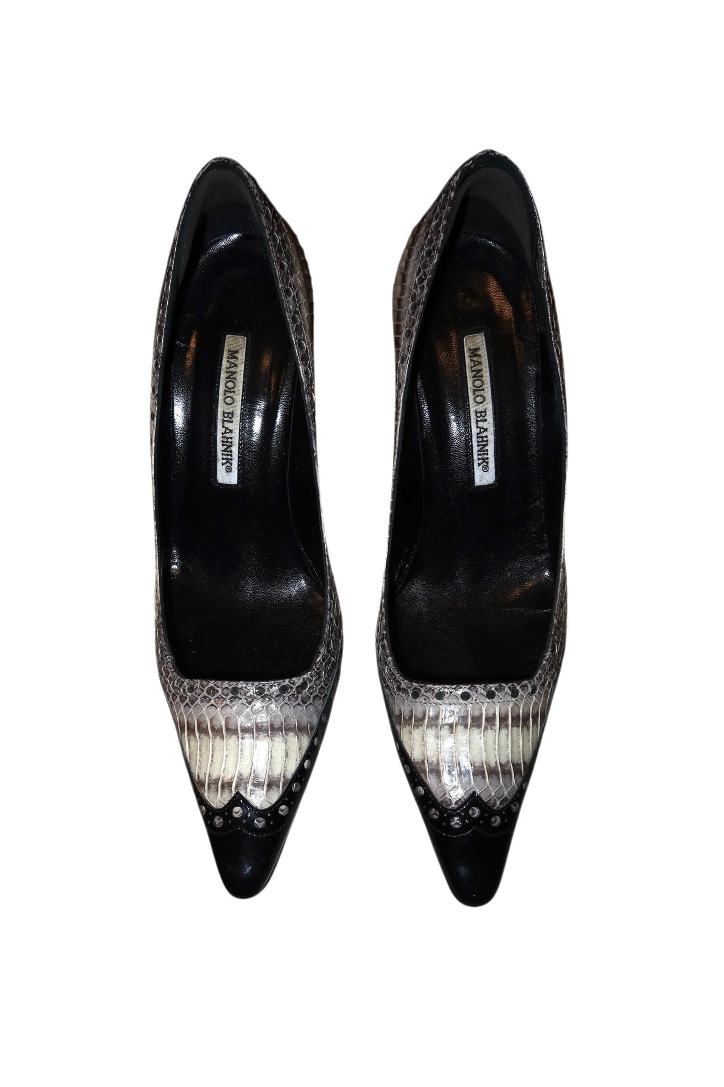 Manolo Blahnik black and snakeskin brogue style pump heels (38.5)