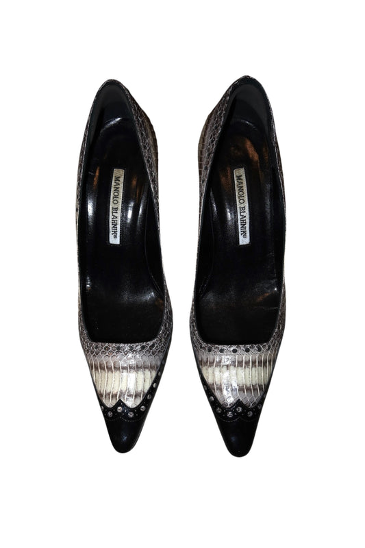 Manolo Blahnik black and snakeskin brogue style pump heels (38.5)