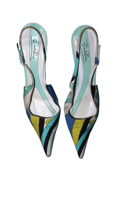 Emilio Pucci blue/multicolor print slingback heels (36.5)