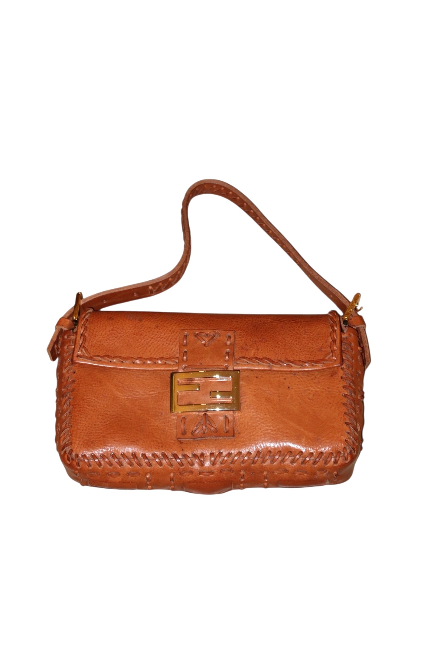 Fendi baguette whipstich tan brown leather bag