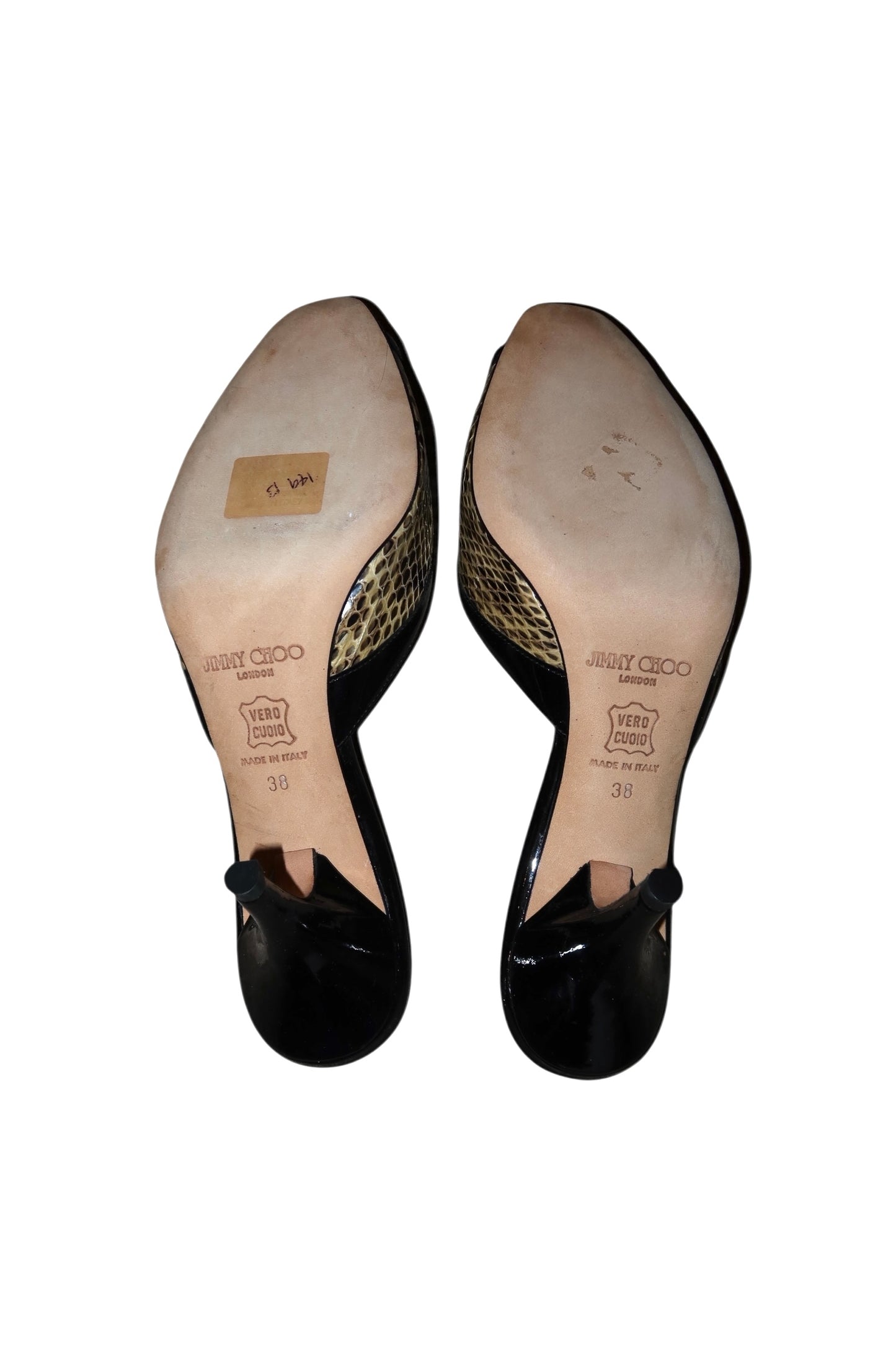 Jimmy Choo snakeskin and black leather peep toe heels (38)