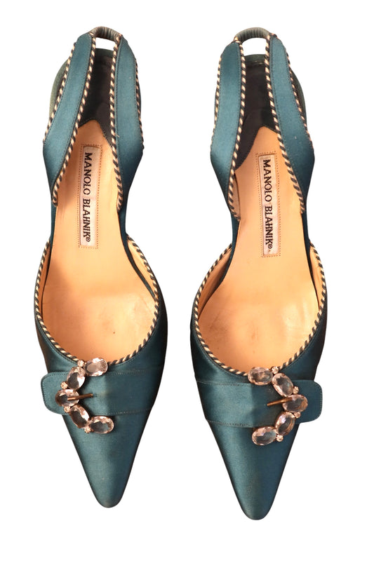 Manolo Blahnik teal satin heels with crystal embellishments (39)