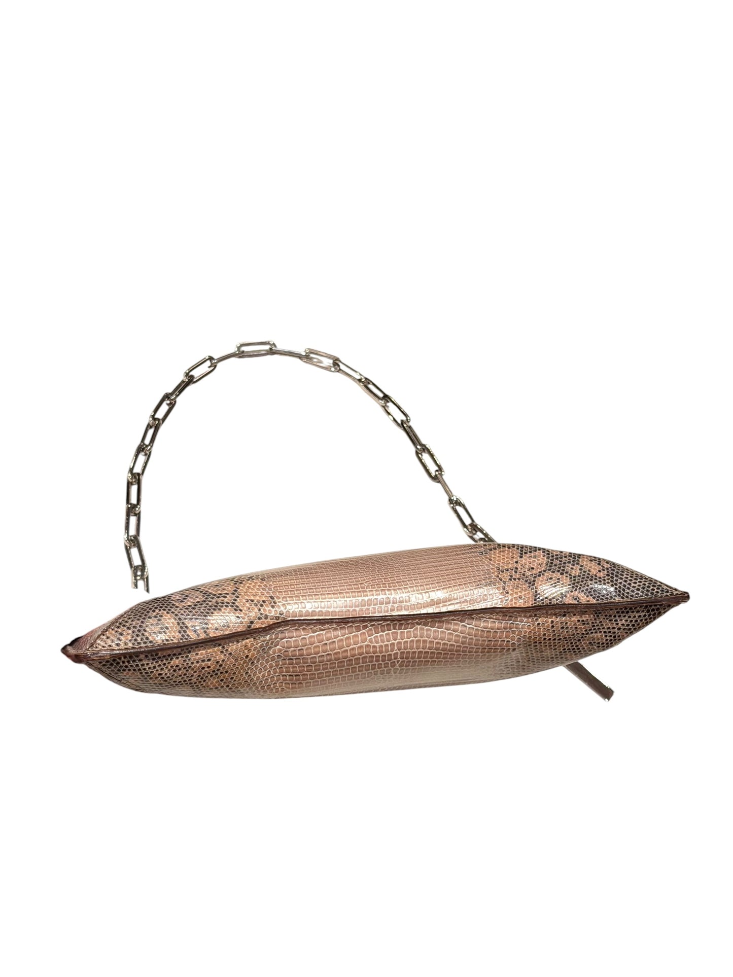Gucci tan lizard skin clutch with silver chain strap