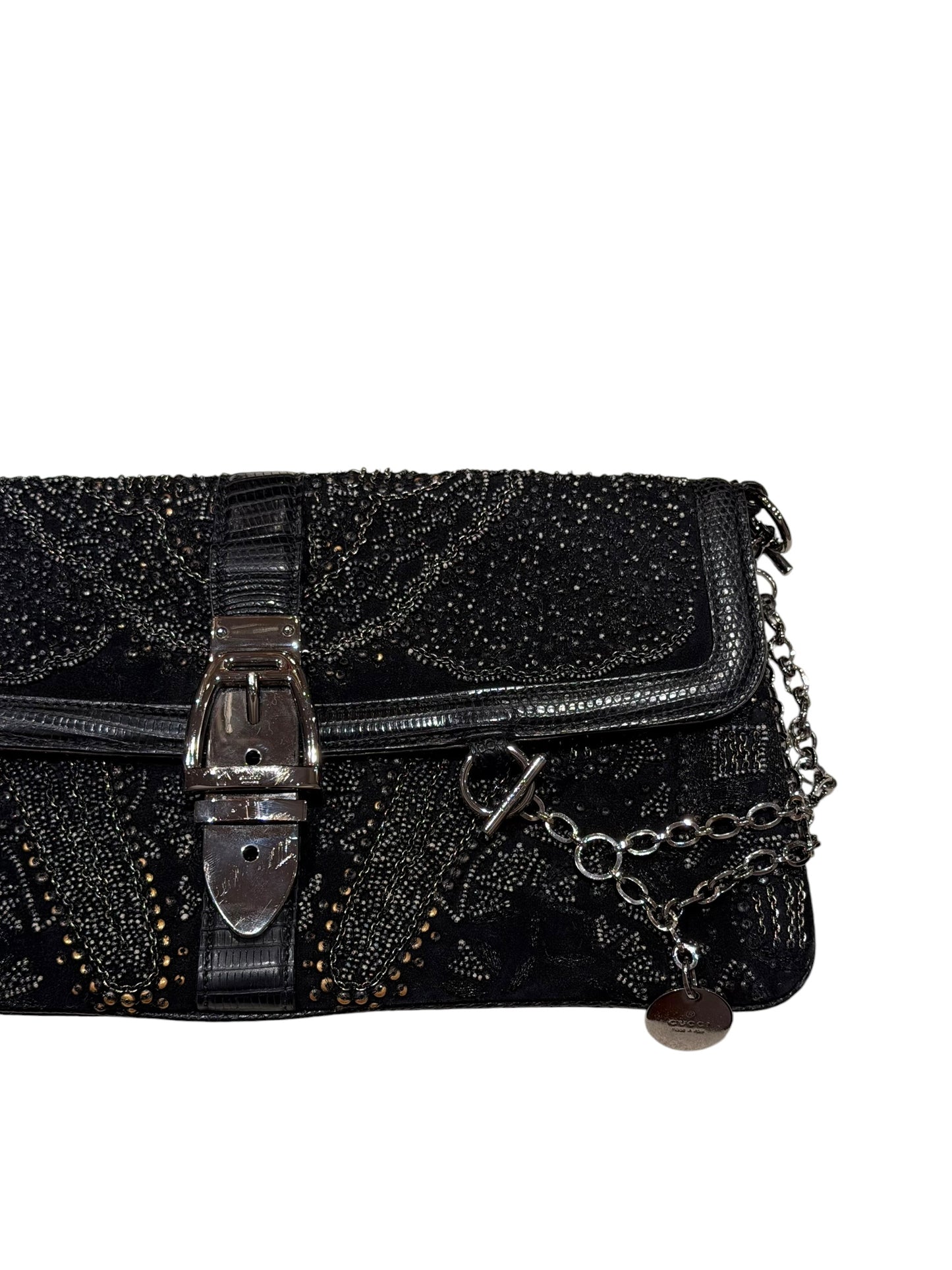 Gucci limited edition black beaded silver belt buckle clutch