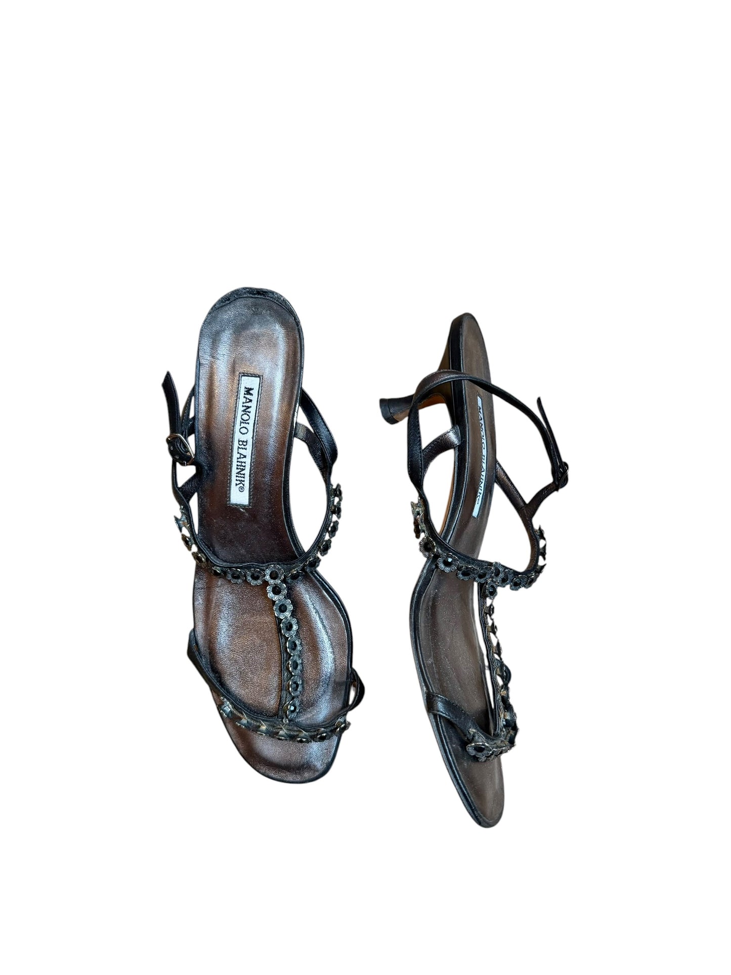 Manolo Blahnik metallic grey and black heels with floral details (39.5)