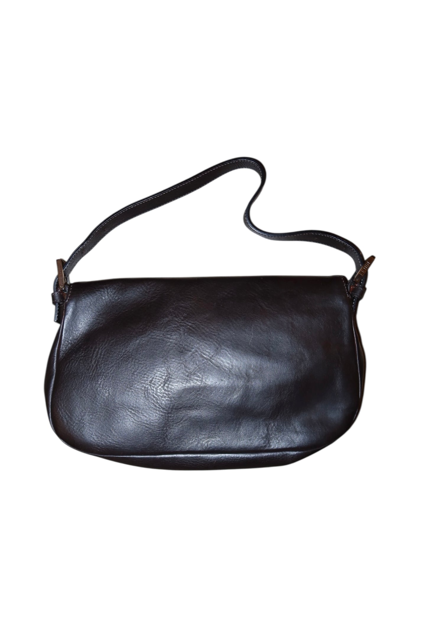 Fendi dark brown baguette bag with green stone logo