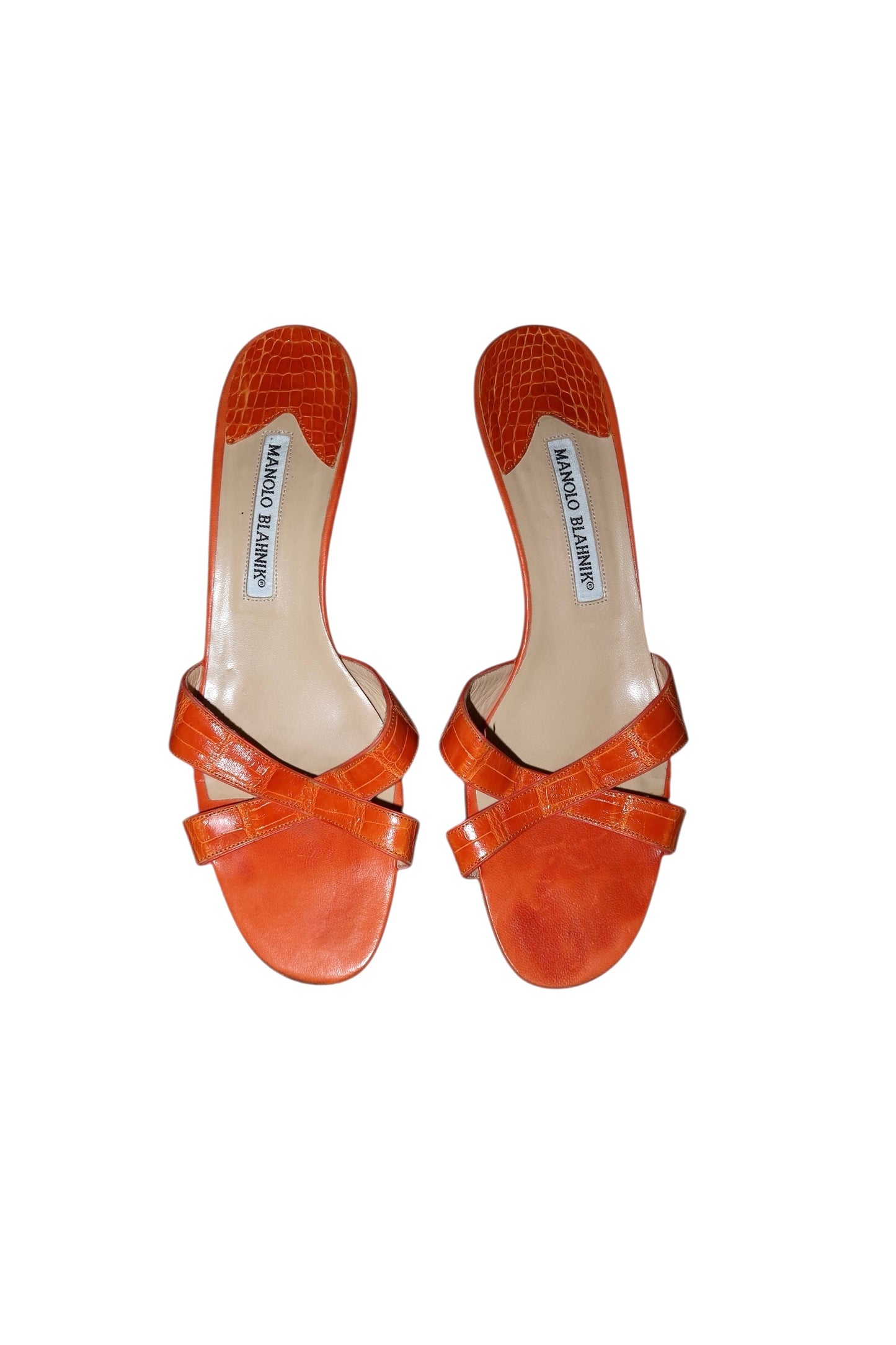 Manolo Blahnik orange lizard sandal heels (38.5)