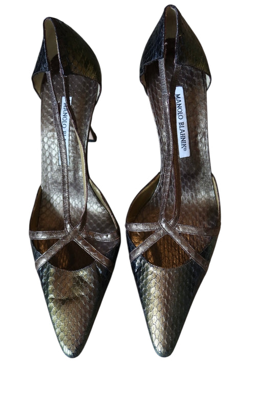 Manolo Blahnik snakeskin green iridescent heels (39.5)