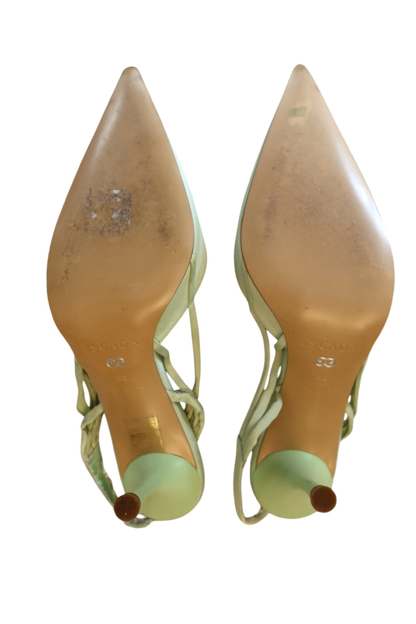 Escada mint green satin slingback heels with crystal logo (38)