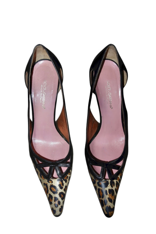 Dolce & Gabbana leopard/black cutout heels with bows (40)