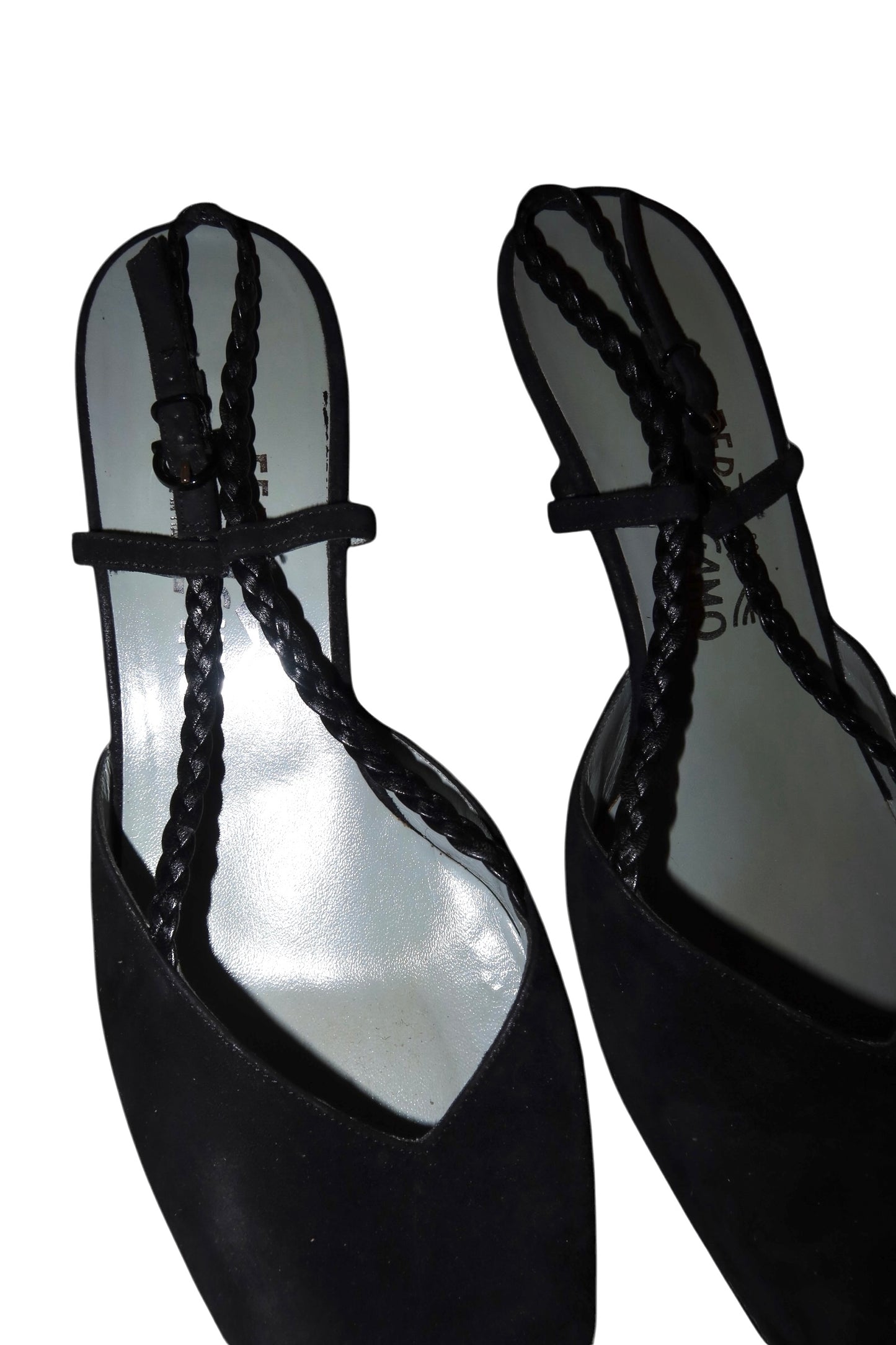 Salvatore Ferragamo black suede heels with braided slingback detail (10)