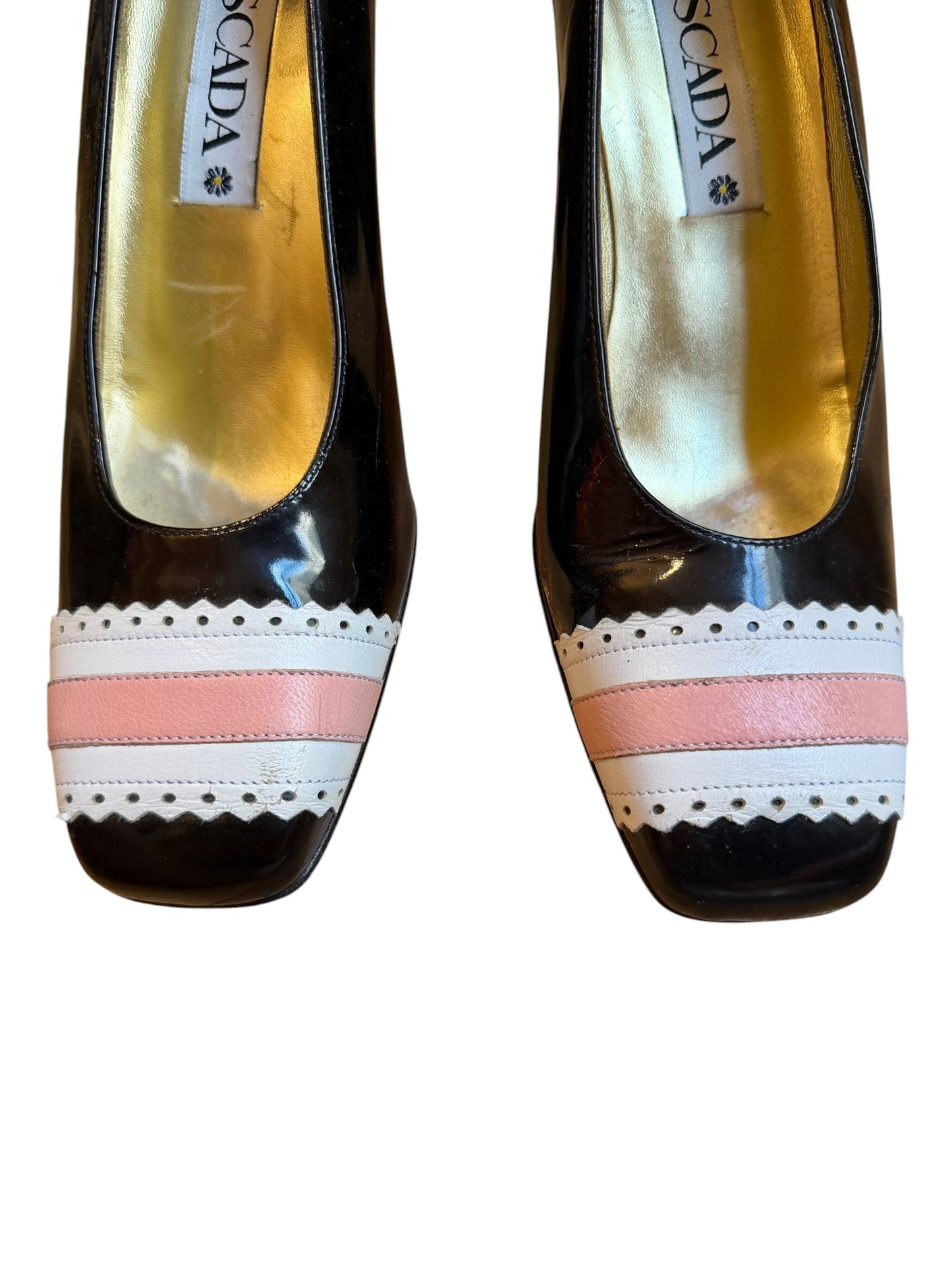 Escada black patent leather heels with white and pink trim detail (8B)