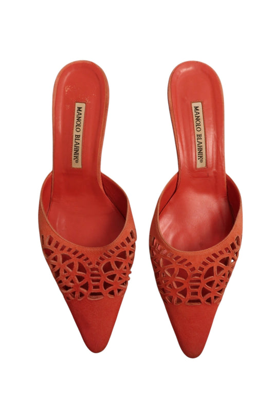 Manolo Blahnik salmon laser cut suede mules (39)