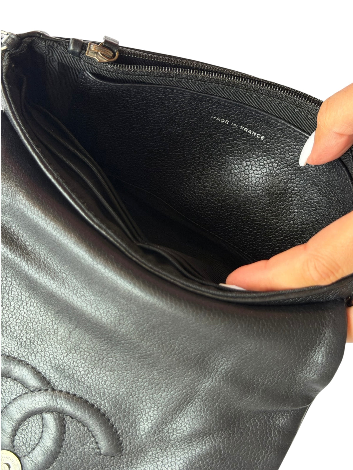 Chanel black CC caviar half moon wallet on chain bag