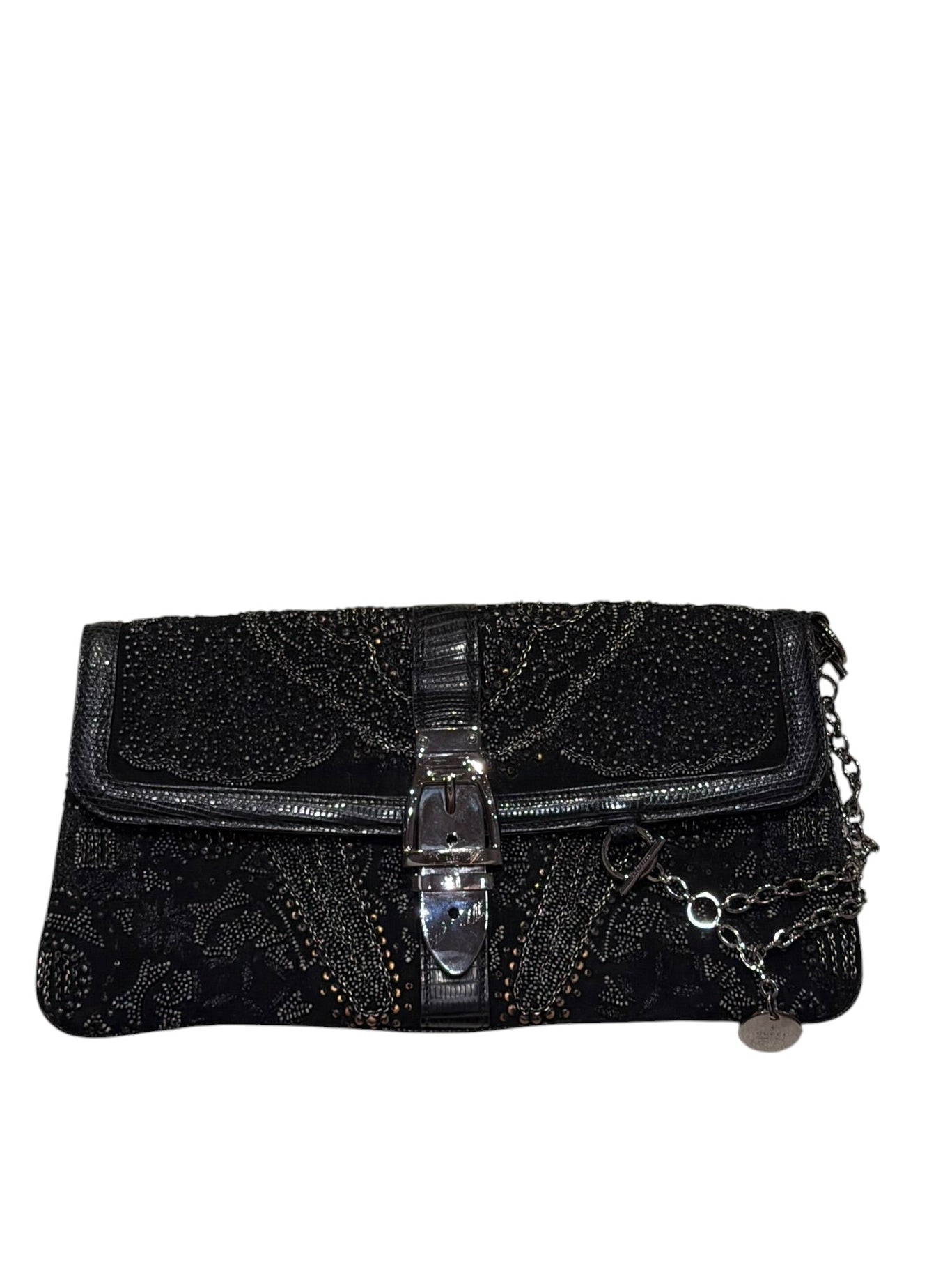 Gucci limited edition black beaded silver belt buckle clutch