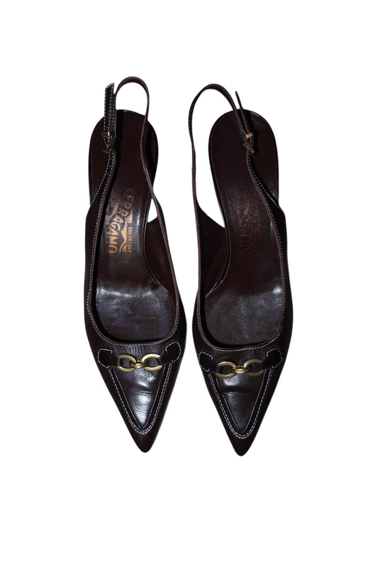 Ferragamo brown slingback heels with gold accents (8.5B)