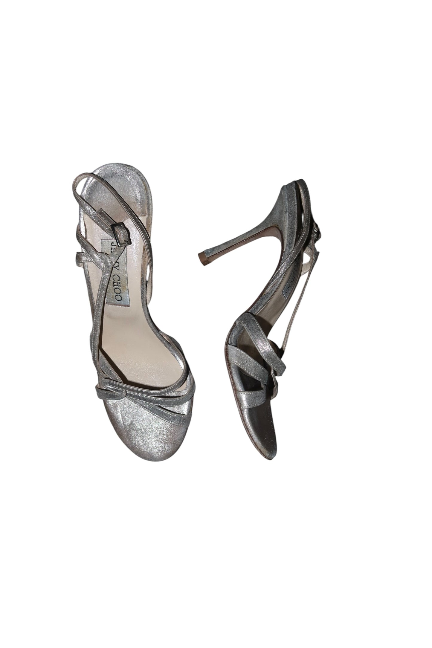 Jimmy Choo metallic silver strappy heels (37.5)
