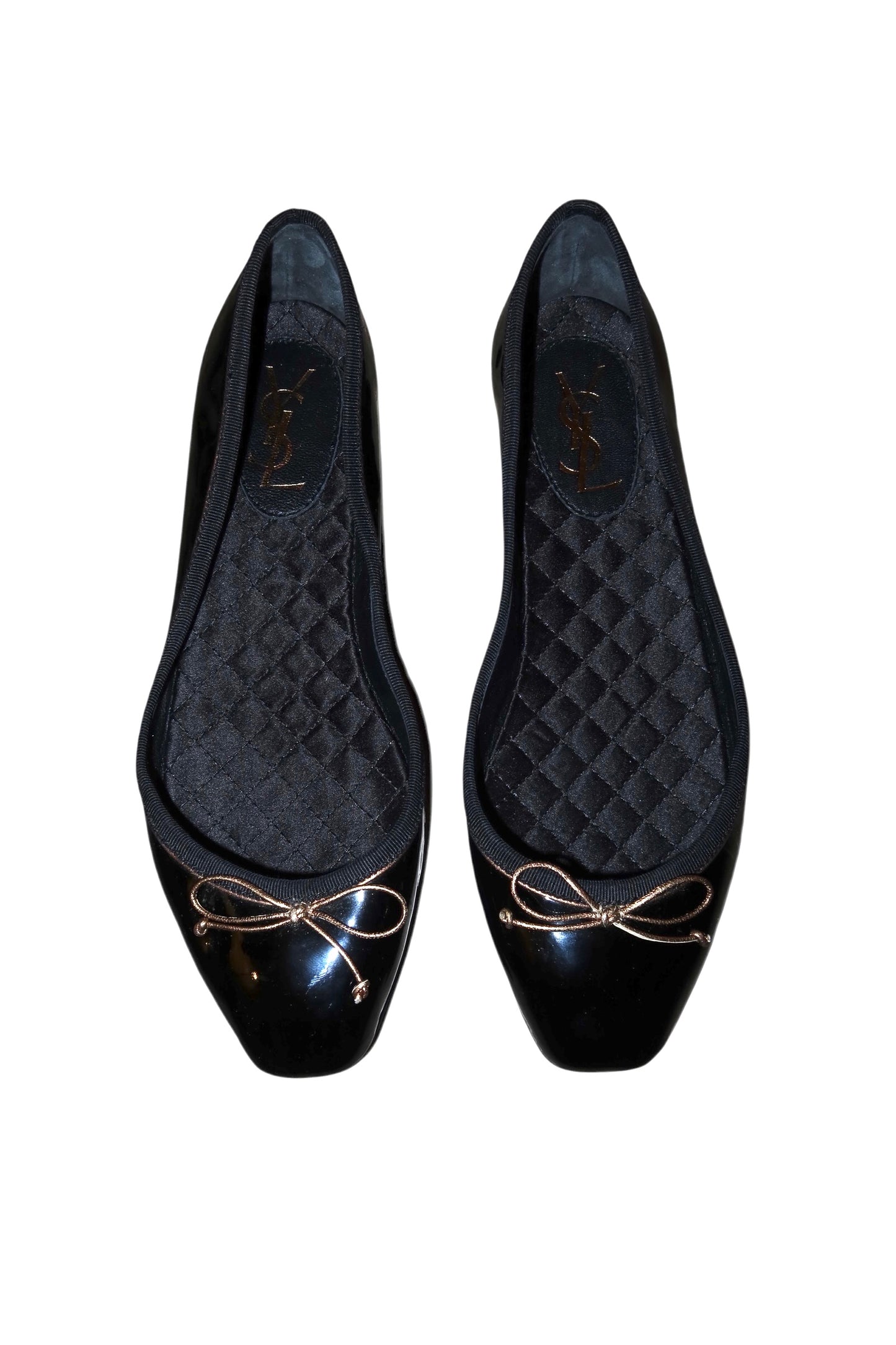 Yves Saint Laurent black patent leather ballerina flats with gold bows (36.5)
