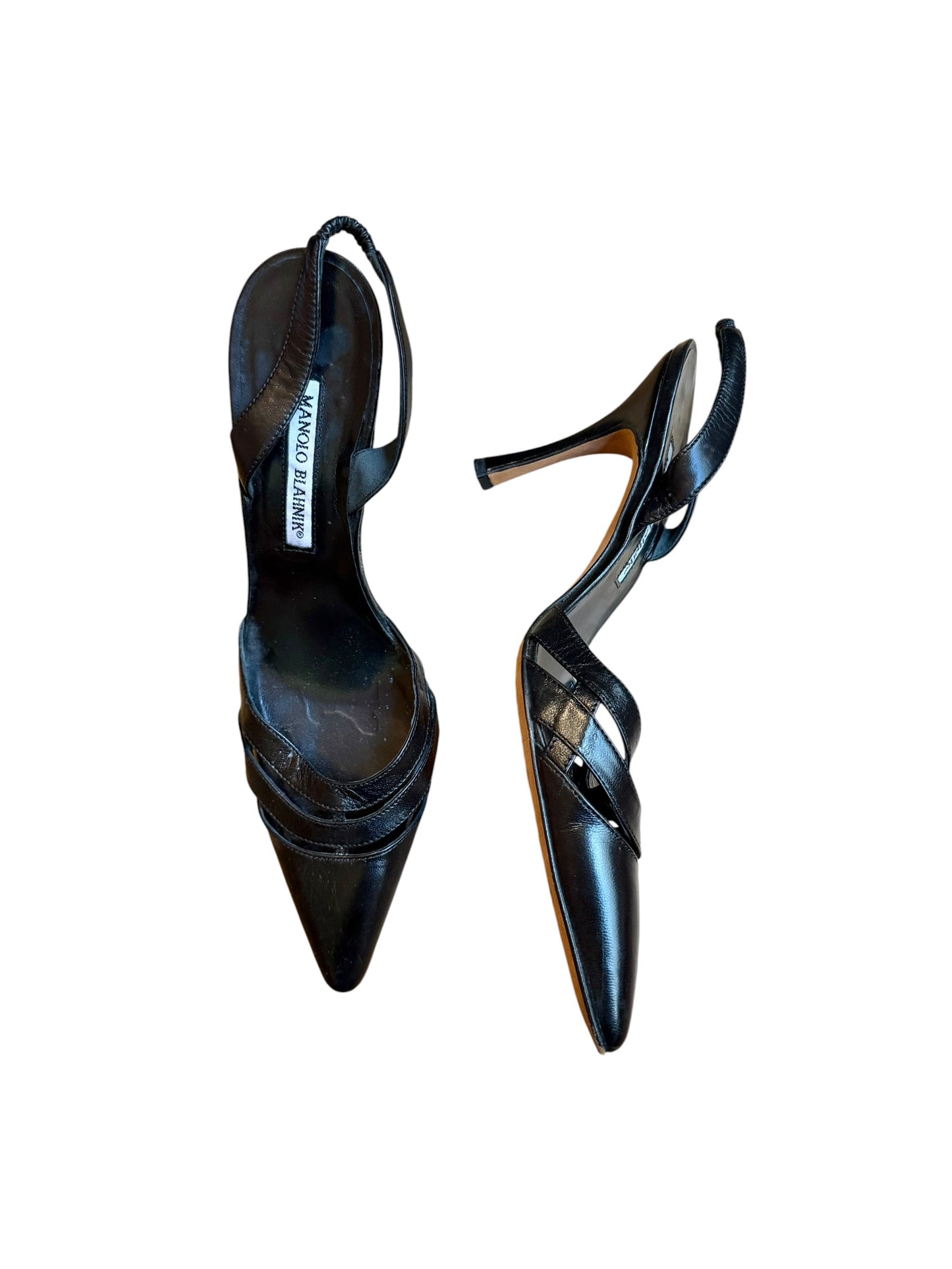 Manolo Blahnik black leather laser cut detail heels (38.5)